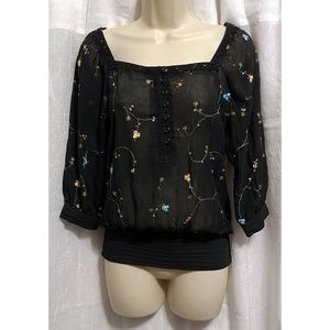 Romy Black Sheer Wildflower Blouse size XS/S